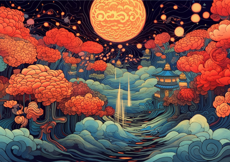 抽象派河流月亮古建筑国潮节日背景插画,插画/手绘图,插画/手绘图库,插画/手绘图下载,插画/手绘